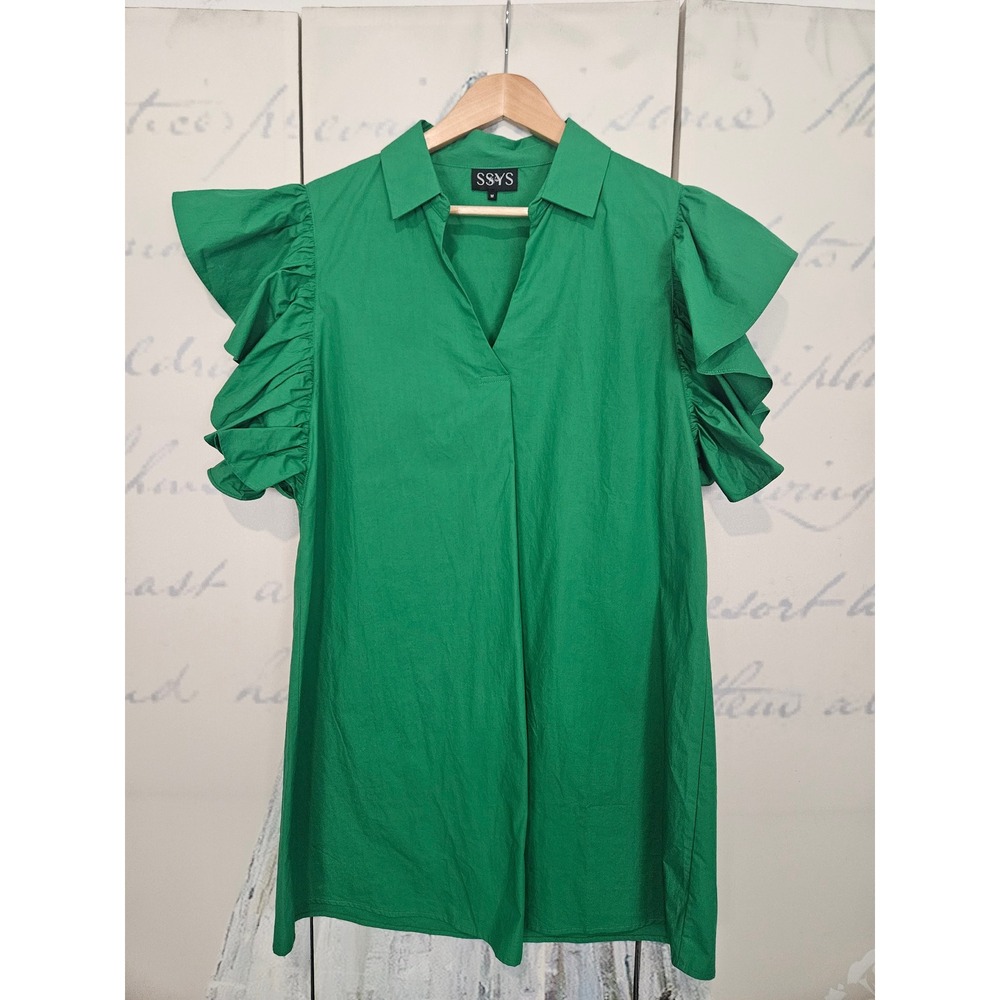 SSYS The Label Green Ruffle Butterfly Sleeve Cotton Poplin Mini Dress Tunic M